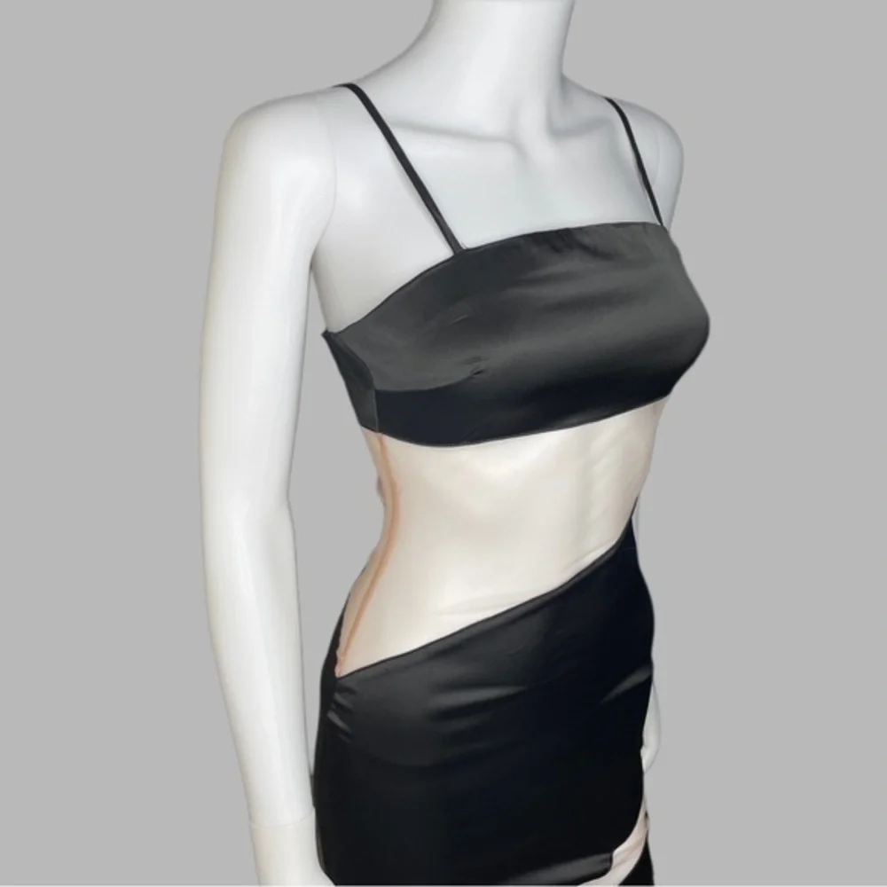 Black Body Con Asymmetrical Dress‎ With Nude Mesh Cutout
